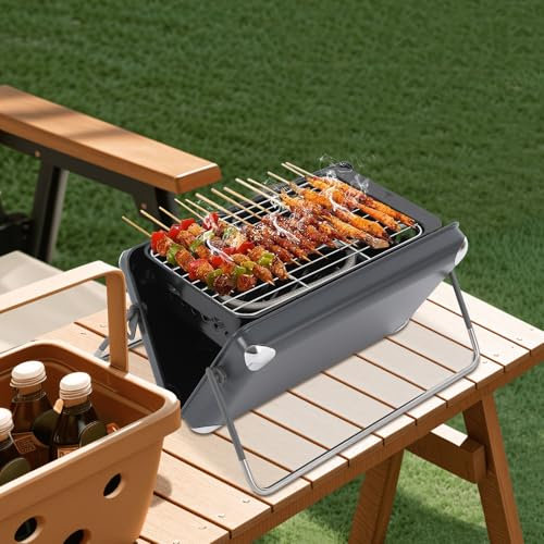 HuKaiL Réchaud de camping 2 en 1 - Charbon de bois et gaz - Portable - Pliable - Avec capacité de charge de 5 kg - Petit barbecue de camping - Pour 2 à 6 personnes - Avec valise pour la cuisine en