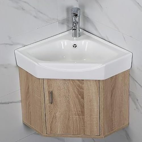Mobile da bagno ad angolo con montaggio a parete, con mobiletto combinato, piccolo lavandino con rubinetto, facile da installare e pulire, per cucina di casa e lavanderia (colore legno)