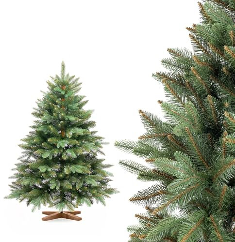 FAIRYTREES Weihnachtsbaum künstlich, Nordmanntanne Premium 120 cm, Naturgetreue Spritzguss Elemente, Künstlicher Weihnachtsbaum mit handgefertigtem Ständer aus Eschenholz