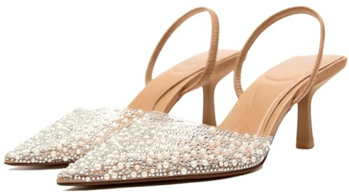 CRETUAO Escarpins Transparents à Bride arrière pour Femmes,Sandales Sexy à Bout Pointu et Talons Aiguilles,avec Strass cloutés de Perles Chaussures de soirée habillées pour Mariage,Apricot 1,39 EU
