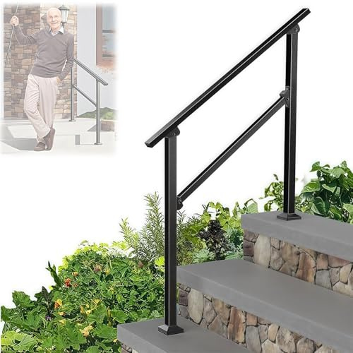 WUDLEP 3-Step Iron Handrails, 102 x 90cm Transitional Handrails Fit 1 to 3 Steps, Iron Outdoor Stairs Railing with Installation Kit for Outdoor Stair, Matte Black