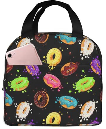 pvinnk Borsa termica per il pranzo con stampa a ciambella, con tasca frontale e chiusura a cerniera