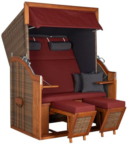 MR. DEKO Strandkorb Tinnum Pinie PE 120x160x80cm (BxTxH) | Strandkorb-2-Sitzer Volllieger Wetterfest | Sonnenliege 2 Personen Pinienholz | Gartenmöbel Rattan Strandkörbe | Gartenbett Küsten-Design
