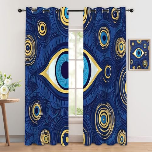 Luxfieo Böser Blick Vorhänge Traditionelle Modern Abstrakt Vorhang Blickdicht Gardinen 200cm Lang Verdunklungsvorhänge mit Ösen Thermovorhang für Wohnzimmer Schlafzimmer Fenster Deko 2er Set