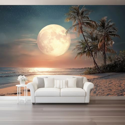 Large Decorative Wall Mural Moon Beach Pattern Printed Non Self Adhesive Wallpaper, Paste Installation Beige Photo Wallpaper for Bedroom Living Room Wall Design 118 x 83/300 x 210 cm(WxH)