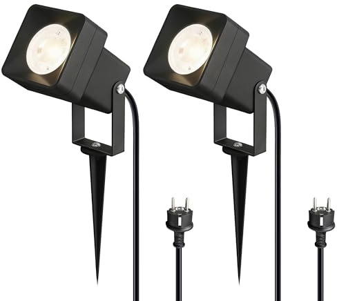 JNR 2 Pack Gartenstrahler LED Außen IP65 Wasserdichte, Aluminium Gartenleuchten mit Strom 5W GU10 3000K Warmweiß Glühbirne, 2m Kabel mit Stecker Gartenbeleuchtung mit Strom, Schwarz