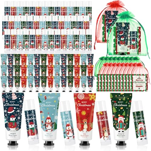 Maitys Set Regalo di Crema Mani Natale Include Lozione Mani Idratante Natalizia Balsamo Labbra Sacchetti di Garza Biglietti di Ringraziamento Crema Profumata Naturale(24 Set)