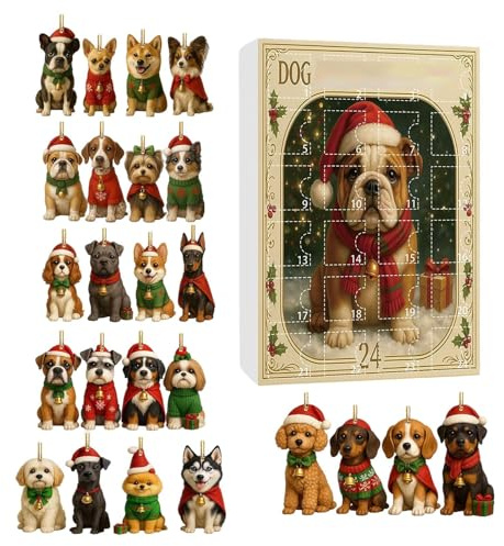 Calendrier de l Avent 24 Jours pour Chien - Set de Charmes en Acrylique 2D pour Amoureux des Chiens | Ornements Animaux de Noël pour Porte Fête Rétroviseur Voiture Porche Arbre Balcon Fenêtre