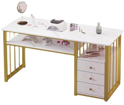 PA-DABAOO Table De Manucure Avec 3 Tiroirs De Rangement, Table De Manucure À Texture Marbrée Avec Cadre En Acier, Poste De Travail De Manucure Professionnel, Équipement De Spa,140cm