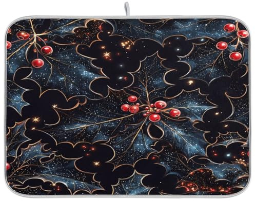Alfombrilla Escurreplatos 41X46CM, Hojas De Acebo Negro Y Bayas Rojas Alfombra Escurreplatos Lavable Alfombrilla De Secado De Platos Divertidos Estera Fregadero Secado Rápido para Encimera