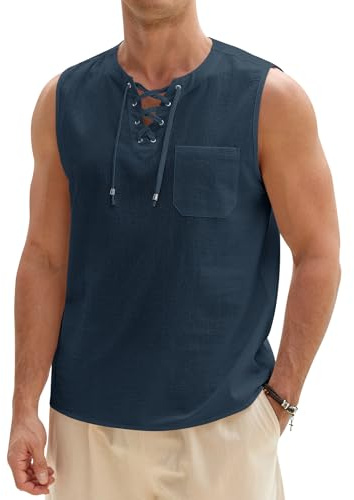 Lonya Camiseta Tirantes Hombre Tank Top Henley Camiseta sin Mangas Camisa Hawaianas Túnica Pirata Playa Hippie Tops Azul Marino,M