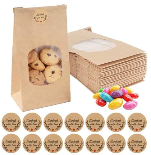 30 Bolsas de Papel Kraft para Panadería con Ventana Transparente, Tamaño 25x12x6cm cm, Kit Completo con Pegatinas y Clips de Cierre, para Pan, Galletas, Pasteles, Dulces y Bollería