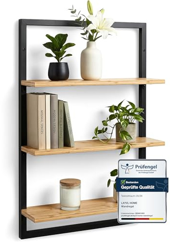 LAYVL HOME® Wandregal Bambus mit schwarzen Metallrahmen, 75x50x15cm, hängendes Regal mit modernem Design, Metall Holz Wand Schweberegal, Regalwand Möbel für Wohnzimmer Küche und Bad (Naturbeige)
