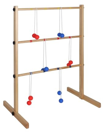 Relaxdays Leitergolf, Wurfspiel für Garten, Outdoor Spiel Kinder, Leiterspiel mit 6 Bällen, HBT 89x64x45 cm, Holz, Natur, Hellbraun, Rot, Blau