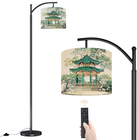 DERUINVAIO Arc Floor Lamp Chinese Pavilion Green Roof Floral Dimmable Modern Standing Lamp with Remote Adjustable Drum Shade Footswitch Tall Pole Lamp for Living Room Bedroom