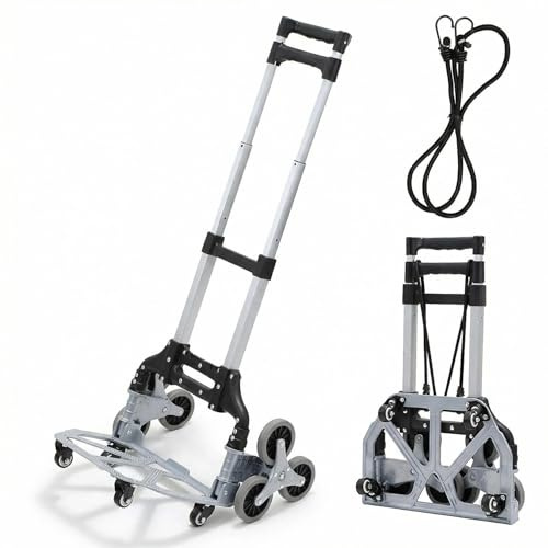 Monucep Hopfällbar trappvagn (upp till 70 kg, aluminium) | Stegvagn med höjdjusterbart handtag, halkfri lastyta, för hushållsarbete och trädgård