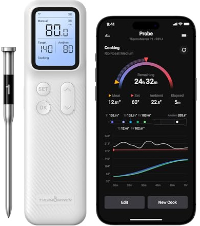ThermoMaven Smartes Bluetooth Fleischthermometer Kabellos, Basisstation, WLAN Unbegrenzte Reichweite, NIST-zertifizierte Genauigkeit, App Warnungen, Für Grill, Ofen, Smoker, BBQ (Weiß)