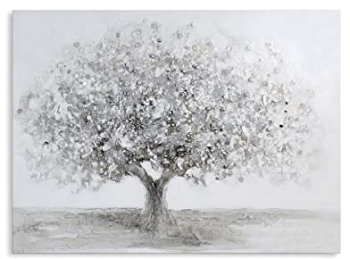 Casablanca Deko Wand Bild XL - Leinwand auf Holz Rahmen - handgearbeitet Oberfläche Acrystruktur - Motiv: großer Baum - Farben: Weiss Grau Silber 90 x 70 cm