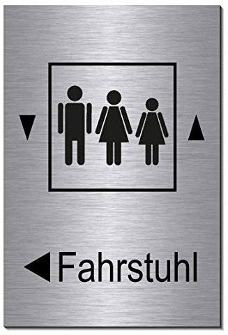 Fahrstuhl Pfeil links 150 x 100 x 3 mm-Aluminium Edelstahloptik silber mattgebürstet Hinweisschild (1905-65 mit Klebepads)