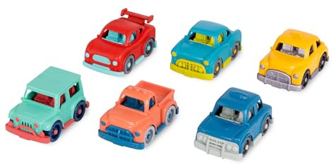 Battat – Wonder Wheels – set med 6 minisleksaksbilar för barn – racerbil, lastbil, taxi, polis, retro, 4 x 4 – Låtsaslek – återvinningsbara material – Mini Riders – 1 år +