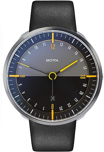 botta män 24-timmars klocka schweizisk kvartsrörelse med läderarmband TRES 24 (45 mm), Svart / gul, 45 mm, Modern minimalism, sport, lyx