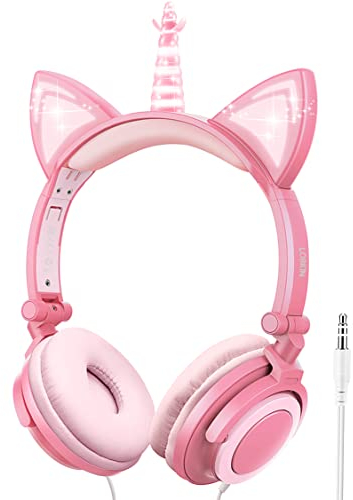 LOBKIN Einhorn Kopfhörer Kinder, Faltbares Kinder Kopfhörer mit LED Leuchtende Katzenohren, 3,5mm Audio Anschluss, Kabel Leicht-Kopfhörer für Kinder