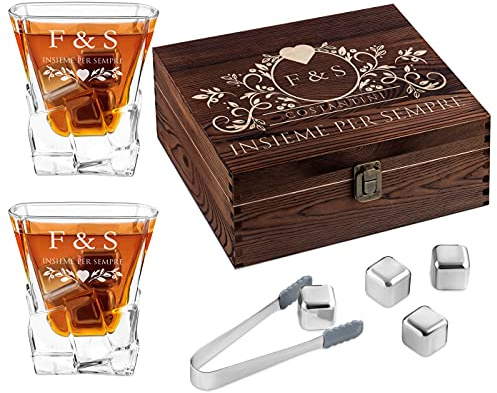 Maverton Set di Pietre da Whisky, in un cofanetto di legno personalizzato | 8 cubetti di ghiaccio + 2 bicchieri con incisione, riutilizzabili, in granito, regalo per coppia, passione