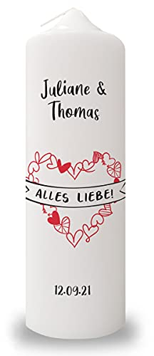 GRAVURZEILE Bedruckte Kerze - Alles Liebe Design - Personalisiert mit Namen, Datum & Wunschtext - Geschenk für Paare zur Hochzeit zum Valentinstag - Hochwertige Stumpenkerze Weiß 250/80 mm