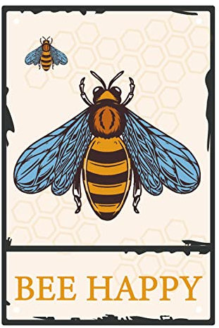 CREATCABIN Bee Happy Metal Tin Signs Retro Vintage Funny Wall Art Mural Hanging Iron Painting for Home Garden Bar Pub Kitchen Living Room Office Plaque 8x12inch