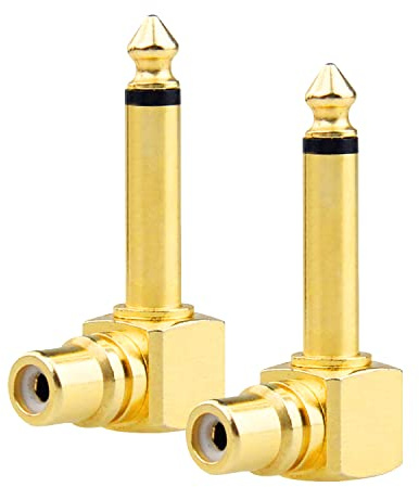 BRIGHTFUN 2 Pack RCA to 1/4 Audio Adapter, RCA Female to 6.35mm Mono Male Microphone Plug, 90 Angle True Gold Plated Pure Copper Guitar Jack Connector