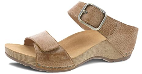 Dansko Tanya Slip-On Wedge Sandal for Women - Cushioned, Contoured Footbed for All-Day Comfort and Support - Hook & Loop Strap with Buckle Detail - Lightweight Rubber Outsole Tanya Tan 6.5-7 M US