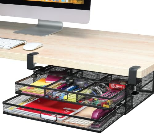 Organizador de cajones para debajo del escritorio, accesorio de malla de metal para cajón de escritorio, 2 cajones deslizables, organizador para escritorio o debajo del escritorio para suministros de