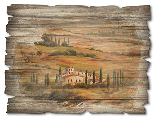 ARTland Wanddeko Bild aus Holz Holzbild vintage Deko 40x30 cm Landschaft Toskana Berge Tal Haus Kirche Felder Zypressen Mediterran Rustikal A5DM