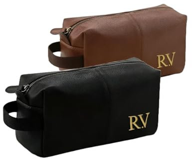Personalised Embroidered Men's Leather Wash Bag with Strap, Black or Brown, Leather Toiletry Bag Embroidered with Initials