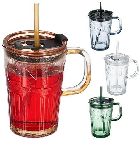 Relaxdays Trinkgläser 4er Set, Getränkebecher mit Deckel & Strohhalm, Smoothiebecher 450 ml, Glasbecher Henkel, bunt