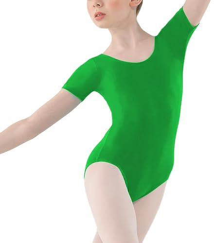 P&R Dance Wear LTD Girls Shiny Short Sleeve Dance School Gymnastics Leotard Kids Sizes - wonderful Christmas or birthday present - Comfortable Fit - Performance Wear Bodysuit (Green, 13)