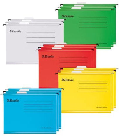Esselte A4 Hängeregister aus verstärktem Karton, 15er-Set, Mappe aus stabilem, 100% recyceltem Karton, mit Taben, für Akten und Unterlagen in Büro, Schule, Home Office, 5 Farben, 628808