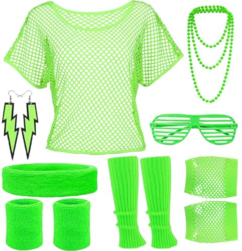 DGUSO 80er-Jahre-Kostüm-Set für Damen – 12 Stück Neon-Kleidung und Accessoires für Disco, Karneval und Party
