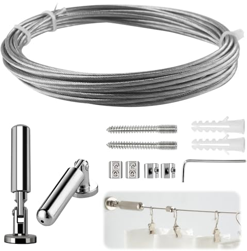 mizikuu 5m Asta Metallica per Tende, Cavo Tenda Acciaio Tenda Set di Vergella Filo per Appendere la Foto Stendibiancheria per Appendere Tende Da Doccia, Foto, Illustrazioni, Artigianato