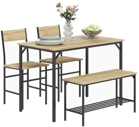 HOMCOM 4 Piece Dining Table and Chairs Set, Industrial Kitchen Table Set of 4 with 2 Chairs and Bench, Space Saving Table and Chairs with Shelf for Small Spaces, Natural Wood Effect