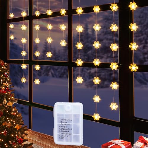 GlobaLink Schneeflocken-Lichtervorhang 1,35M 50LEDs, 8 Modi mit Timer | Weihnachtsdeko Fenster warmweiß, batteriebetrieben, IP44 wasserdicht, 10 Stränge für Innen & Außen, Fenster, Garten, Balkon