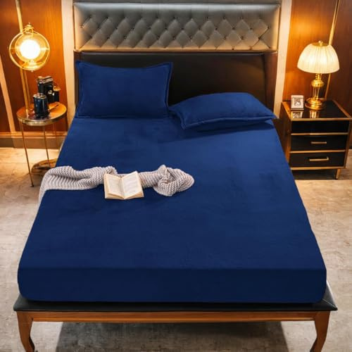 Gezu Plüsch Winter Warm Spannbetttuch 160x200cm Blau | Warme Kuschelige Spannbettlaken Bettlaken Boxspringbett Frottee Samt Uni Bettspanntuch für Hohe Matratze Hoher Steg bis 25-30