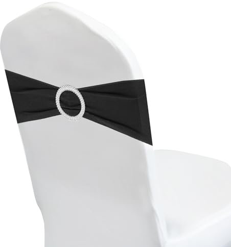 PATIKIL Lazo de Silla, 50 Piezas Banda Elástica para Cubierta de Silla con Hebilla Plateada Deslizante para Decoración de Fiesta, Boda, Banquete, Negro