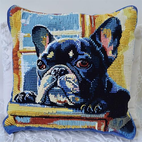RKFLGEW DIY knüpfen set erwachsene Bulldogge Tier knüpfkissen Süßer Hund Kissenbezug zum Selbermachen für Anfänger und Erwachsene，Geschenke für Familie，Freunde，Handarbeiten，Basteln，Hakenset f 43x43cm