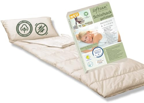 Softsan Allergiker Schlafsack Bio Baumwolle mit integriertem Milbenschutz Encasing, gefüttert/ungefüttert 80 x 180 cm, für unterwegs, Allergie-Schlafsack