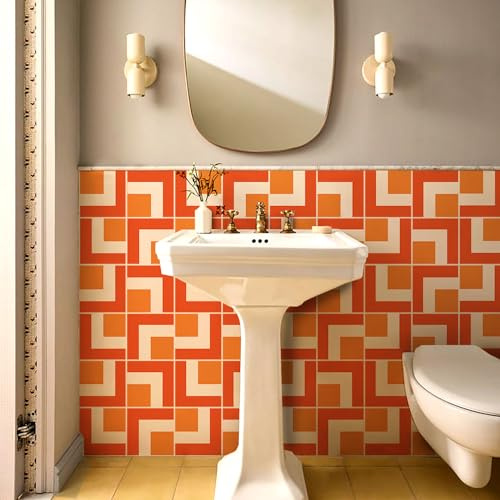 Credence Adhesive Pour Cuisine -Grille Orange Salle De Bains Et Cuisine Stickers Carrelage, PVC Imperméable Credence Adhesive Décorative à Carreaux,Stickers Auto-Adhésif 24 Pièces(20x20cm)