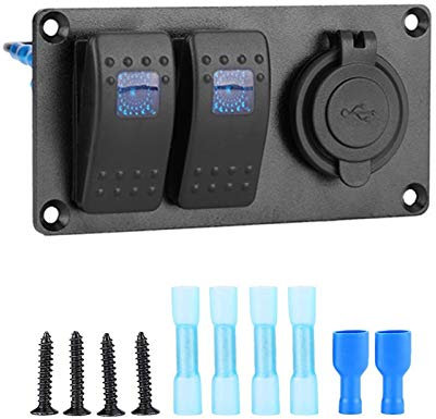 MUEOSI Panneau d'interrupteurs à Bascule à 2 Gangs et 5 Broches, for disjoncteur de Voiture, Bateau, Marine, 3,1 A, Double Port USB, Prise de Courant, Chargeur, Circuit étanche Tableau électrique