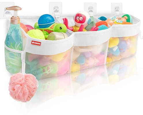 UNEEDE Rangement pour Jouets de Bain Avec 3 Compartiments, Sac de Rangement pour Baignoire, Organiseur en Maille