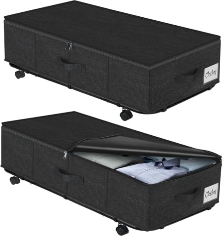 Large Sturdy Under Bed Storage with Wheels, 2 Pack 50L Rolling Underbed Storage Bins, Under Bed Containers Drawer with Metal Bottom Support, Bedroom Organizer with Lids for Clothes, Shoes, Blankets