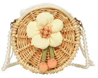 ZCSLD 16 x 16 cm Strohtasche mit Blumenmuster, pastoral, klein, rund, gewebt, Rattan, Pumpe, Perlenkette, Perlenkette, Dolly Taschen für Hochzeit, Abend, Party, Brautjungfer